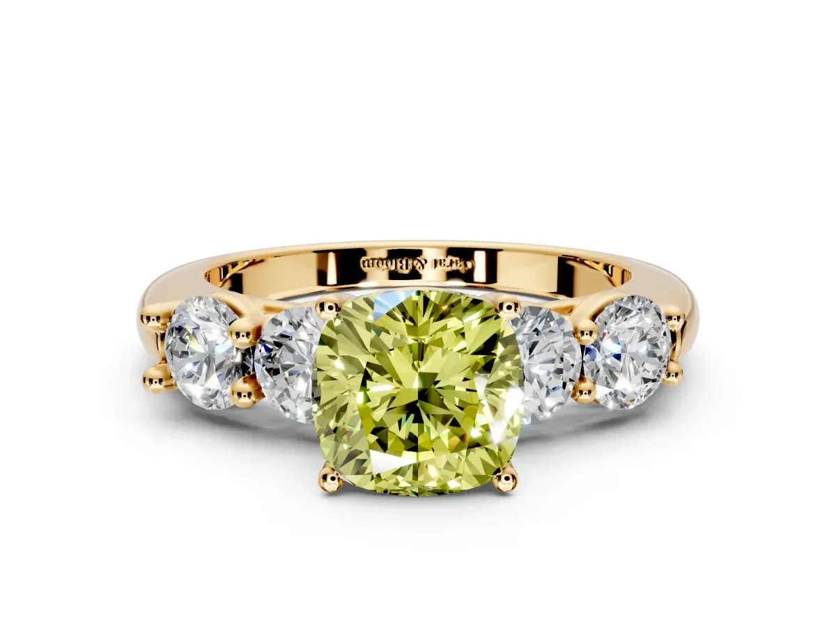 5 Stone Engagement Ring Setting for Fancy Yellow Cushion Cut Center with Graduated Accents and Prong Head in Yellow Gold
