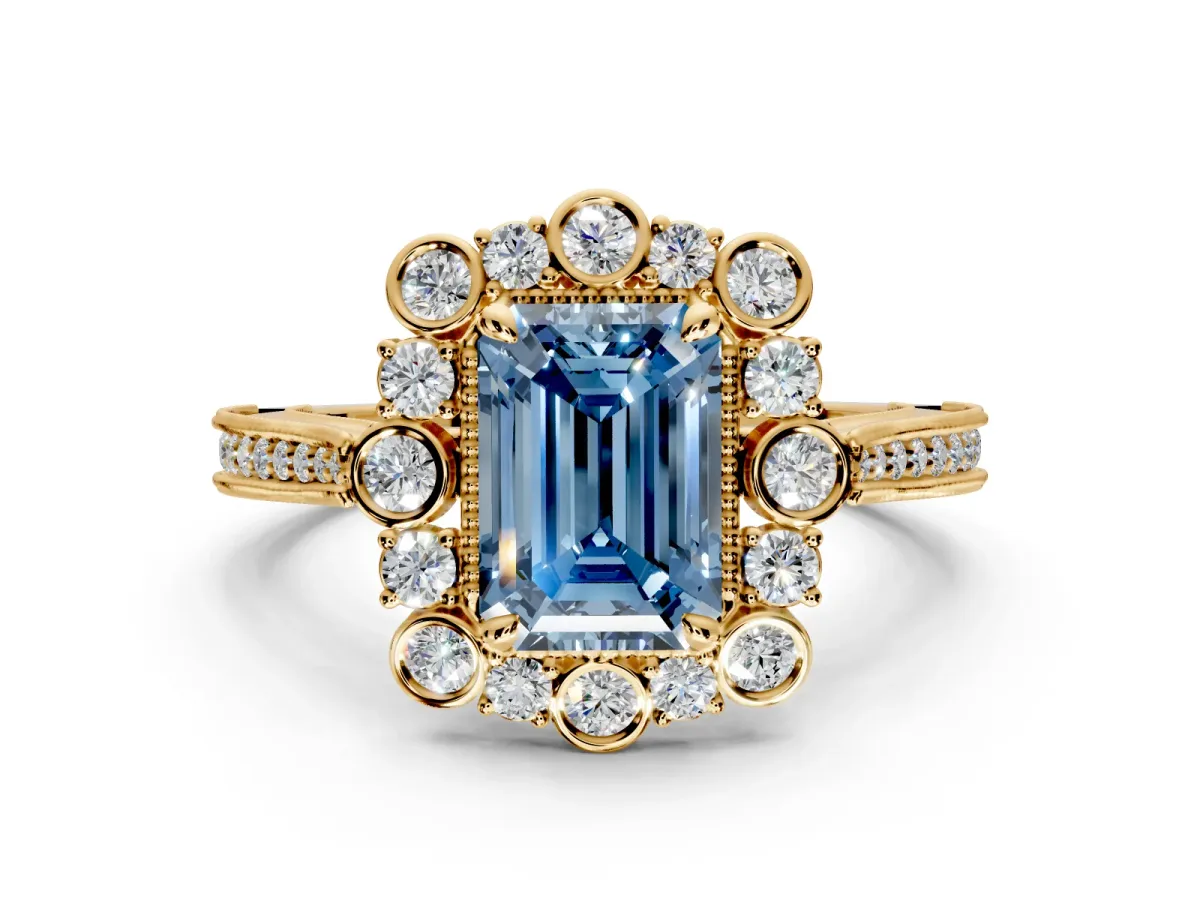 Milgrain Halo Engagement Ring Setting for Fancy Blue Emerald Cut Center with Bezel Point Accents and Prong Head in Yellow Gold