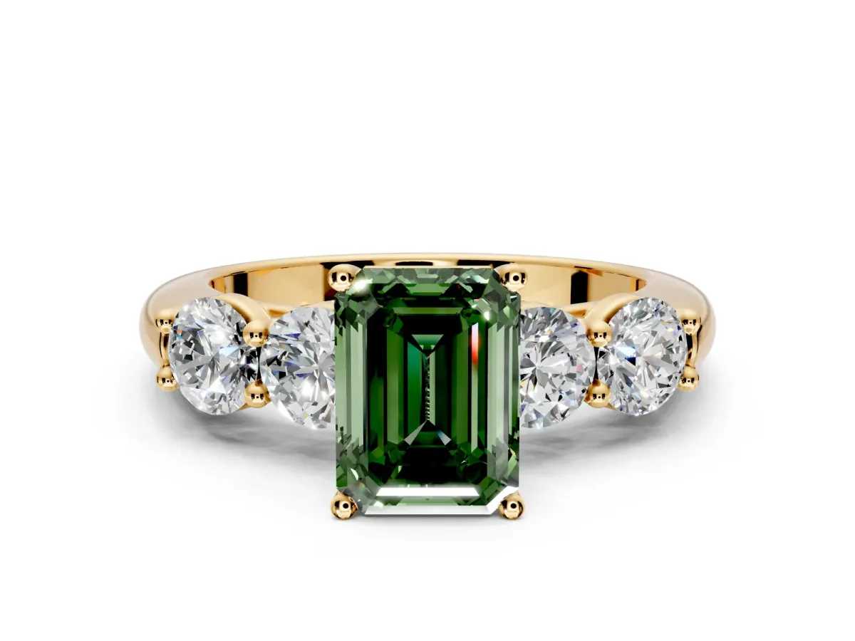 5 Stone Engagement Ring Setting for Fancy Green Emerald Cut Center with Graduated Accents and Prong Head in Yellow Gold