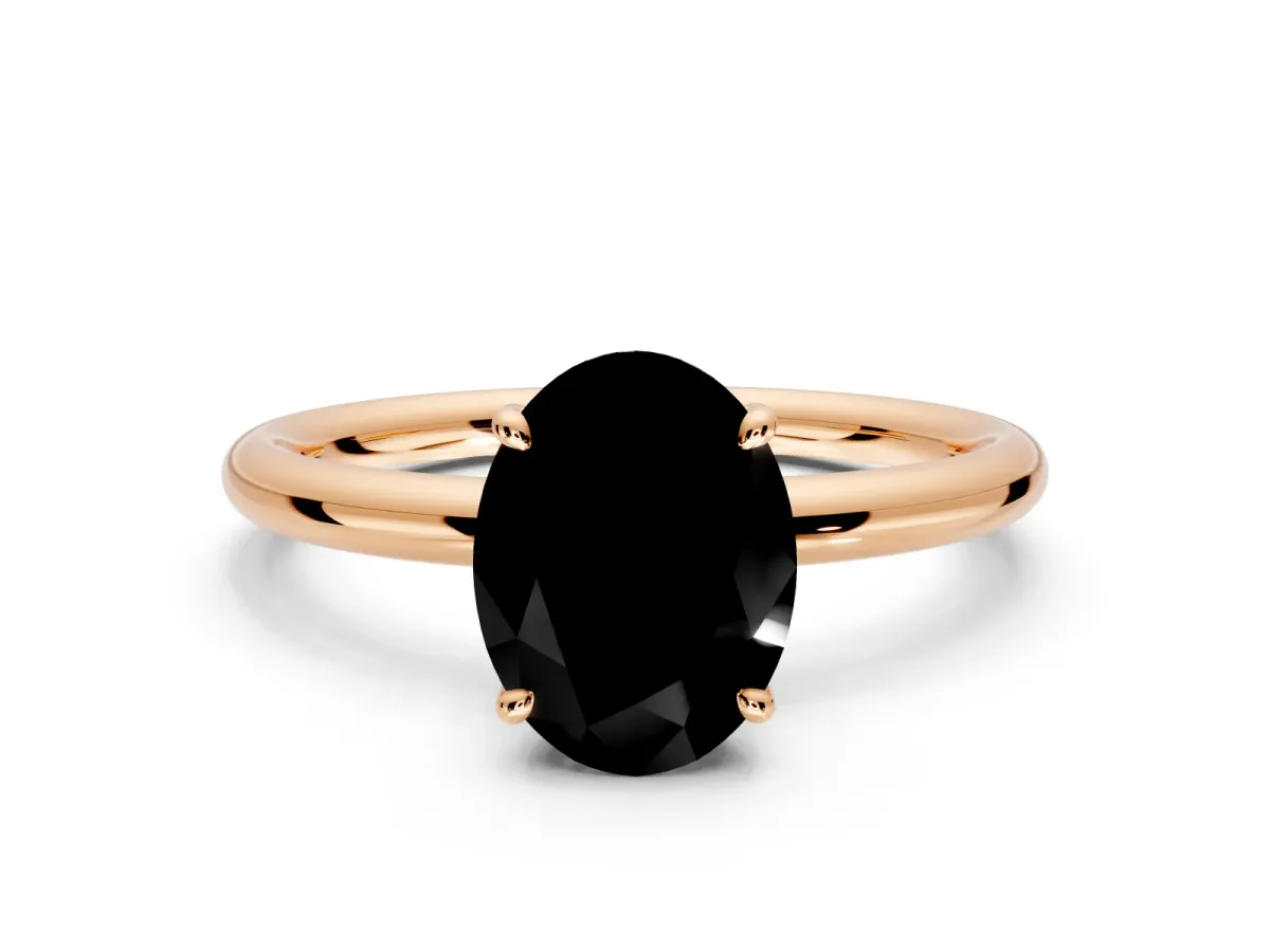 Hidden Halo Engagement Ring Setting for Fancy Black Oval Center with Thin Rounded Band and Prong Head in Rose Gold
