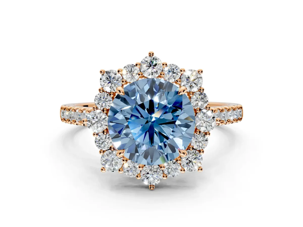 Halo Engagement Ring Setting for Fancy Blue Round Cut Center with Single-Row Pave, Open Basket and Prong Head in Rose Gold