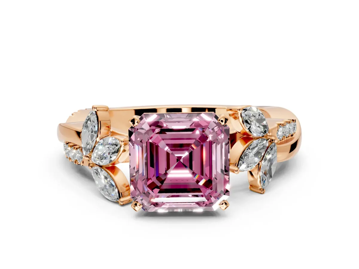Floral Engagement Ring Setting for Fancy Pink Asscher Cut Center with Trailing Marquise Accents and Prong Head in Rose Gold
