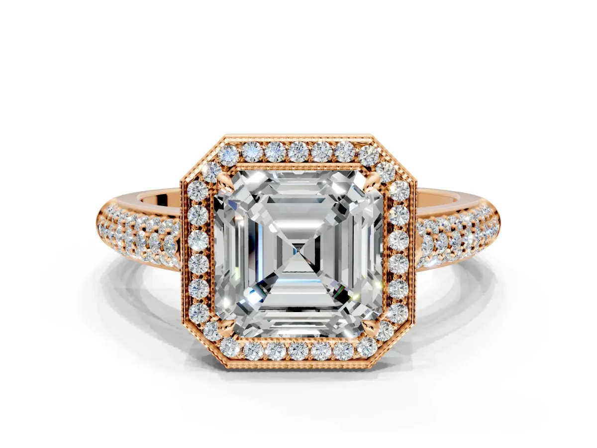 Milgrain Halo Engagement Ring Setting for Asscher Cut Center with Three-Sided Pave Band and Prong Head in Rose Gold