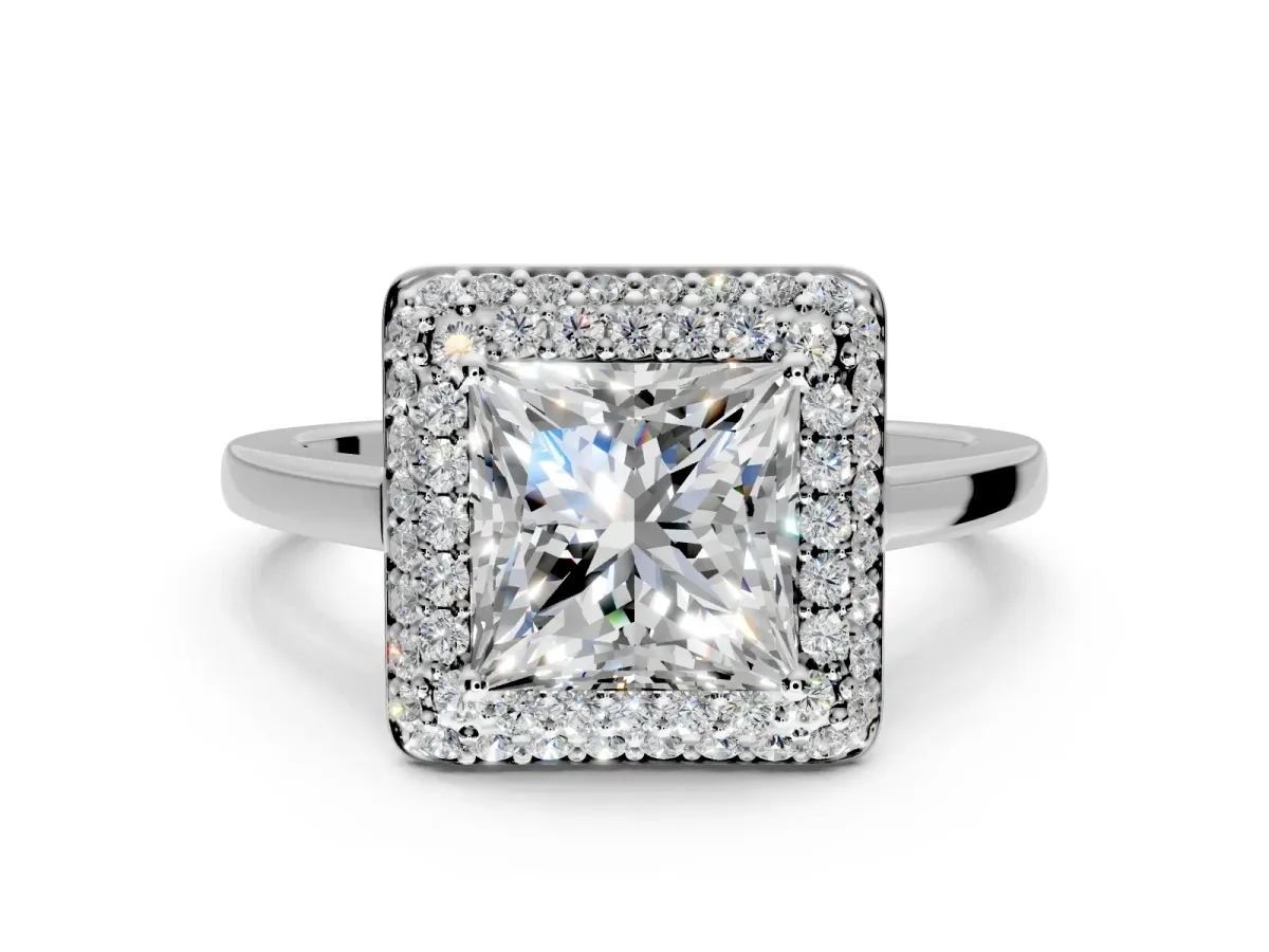 Halo Engagement Ring Setting for Princess Cut Center with Plain Tapered Band and Prong Head in Sterling Silver
