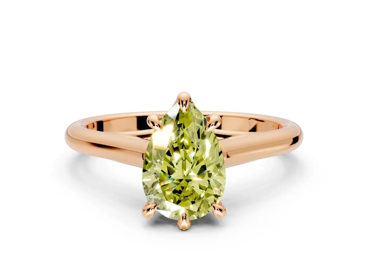 Solitaire Engagement Ring Setting for Fancy Yellow Pear-Shaped Center with Cathedral Band and Prong Head in Rose Gold