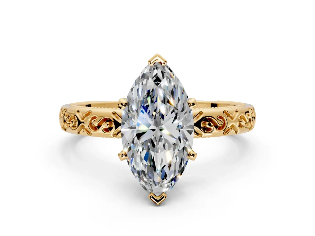 Solitaire Engagement Ring Setting for Marquise Center with Scrollwork Band and Prong Head in Yellow Gold