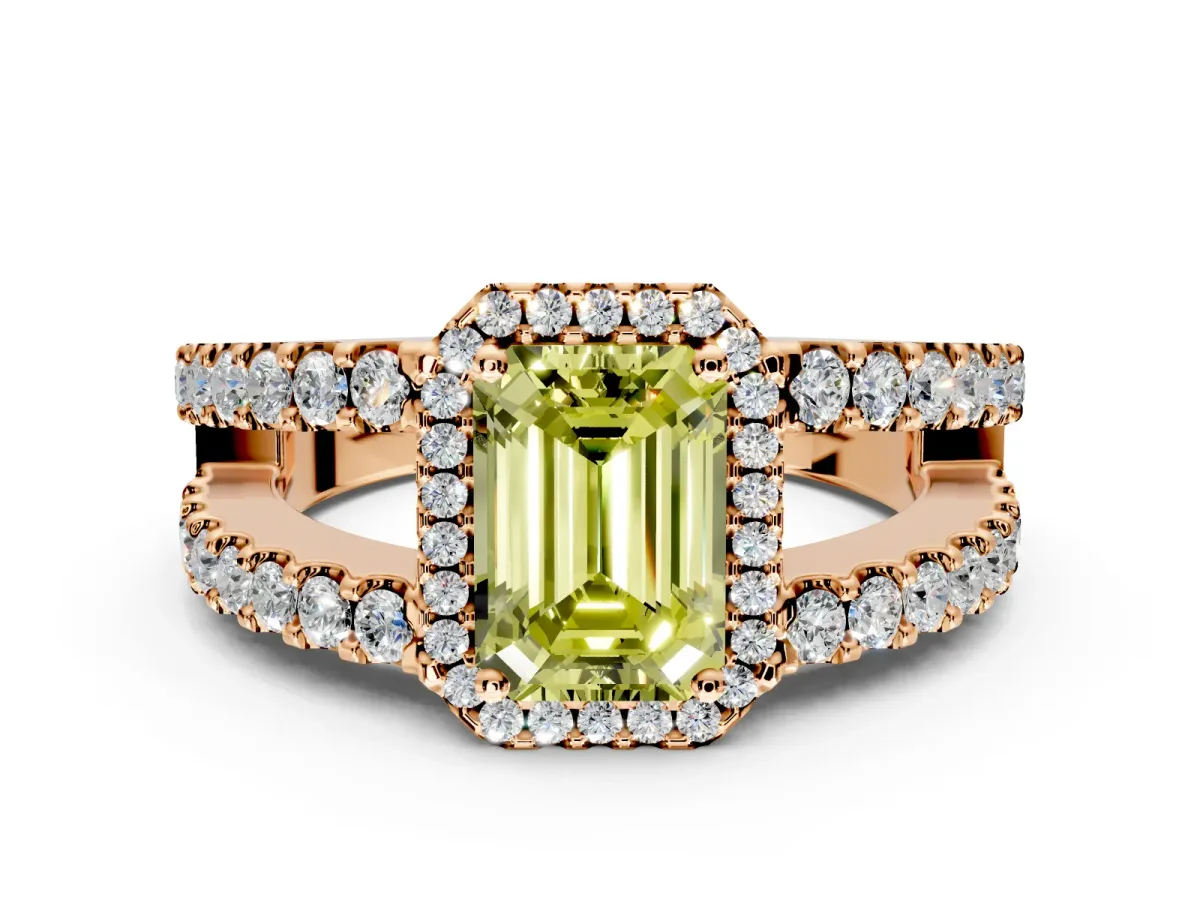 Halo Engagement Ring Setting for Fancy Yellow Emerald Cut Center with Wide-Open Pave Split Shank and Prong Head in Rose Gold