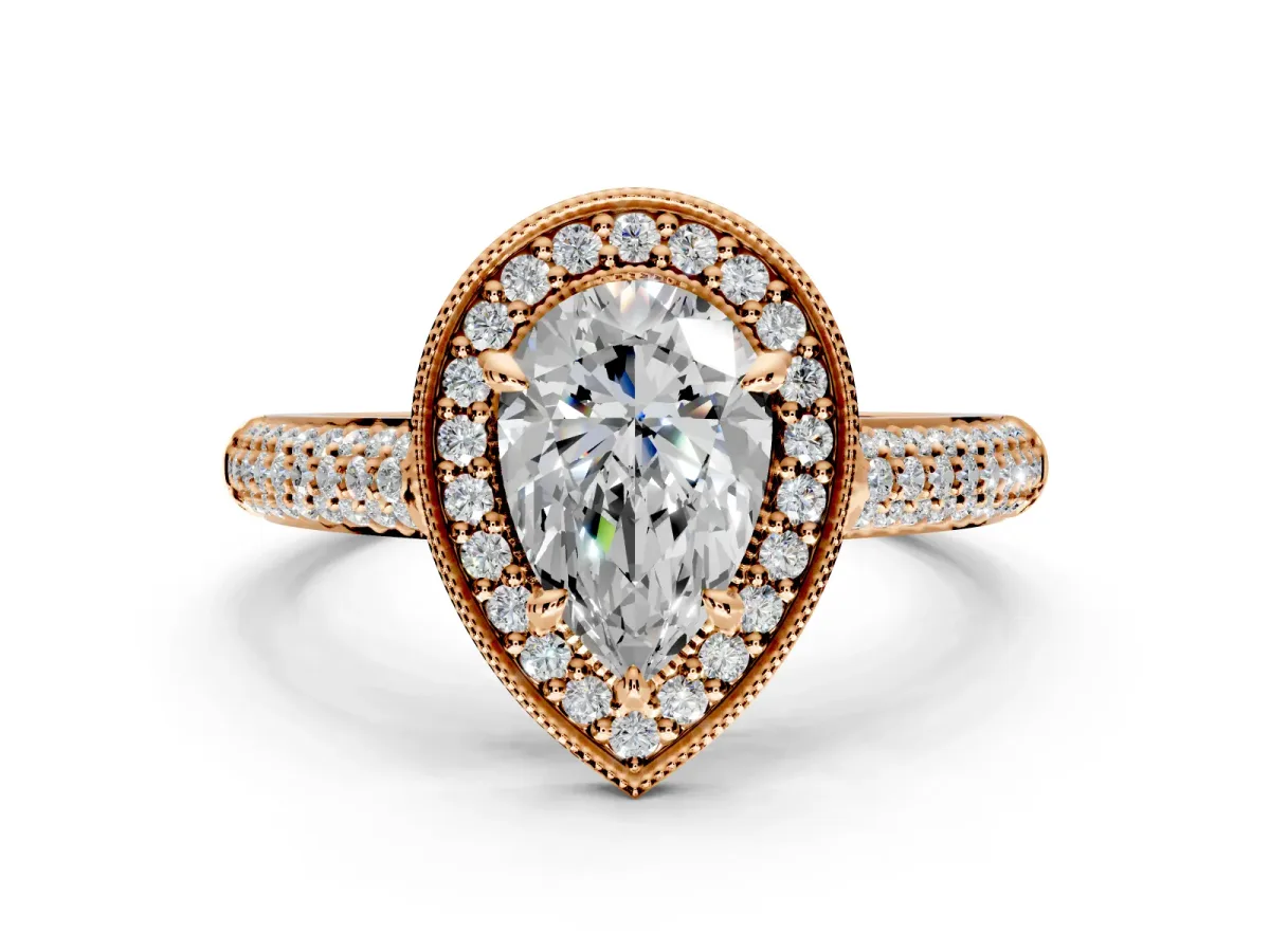 Milgrain Halo Engagement Ring Setting for Pear-Shaped Center with Three-Sided Pave Band and Prong Head in Rose Gold