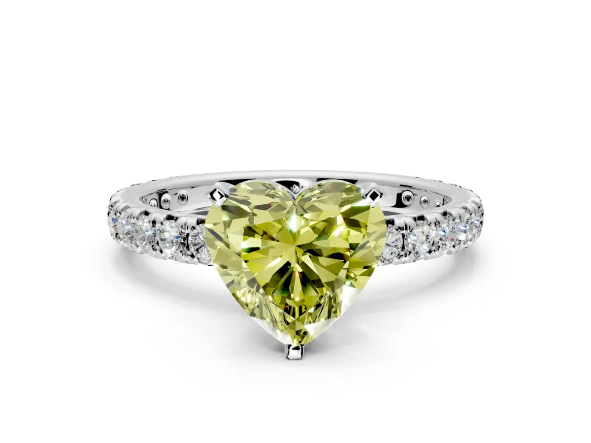 Solitaire Engagement Ring Setting for Fancy Yellow Heart-Shaped Center with Shared-Prong Accents and Prong Head in Platinum