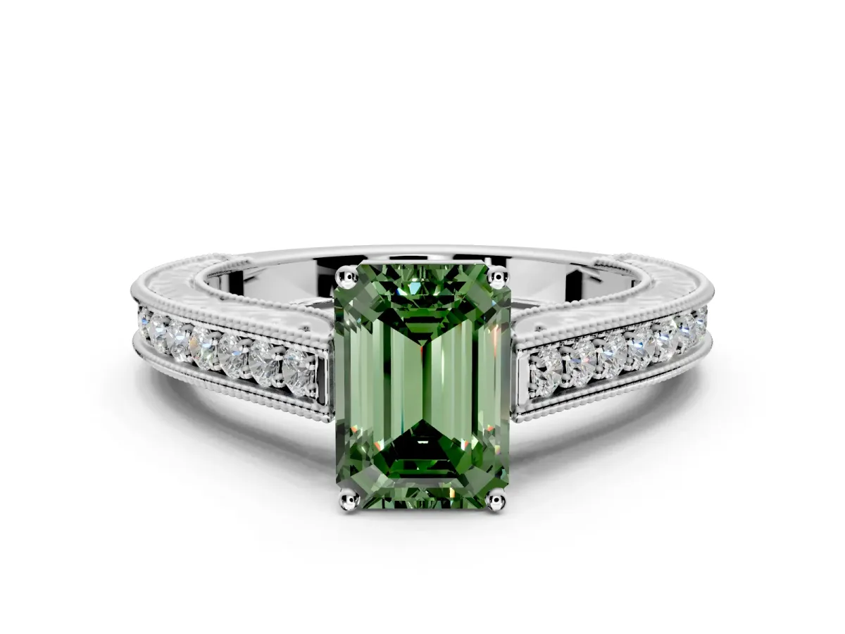 Solitaire Engagement Ring Setting for Fancy Green Emerald Cut Center with Engraved Pave Band and Prong Head in White Gold