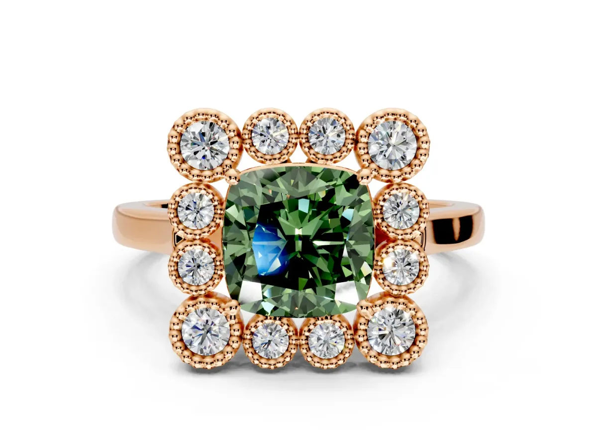 Cluster Halo Engagement Ring Setting for Fancy Green Cushion Cut Center with Milgrain Bezel Accents and Prong Head in Rose Gold