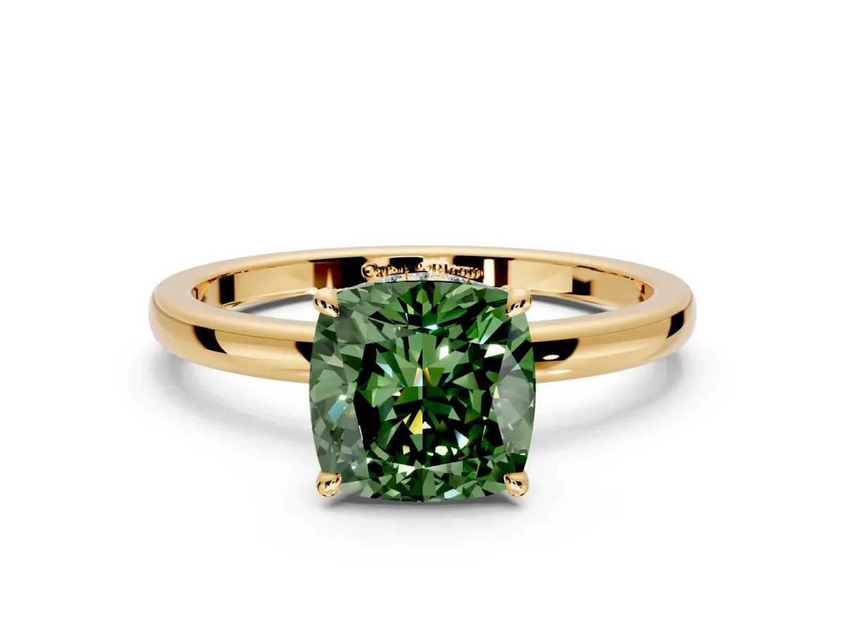 Hidden Halo Engagement Ring Setting for Fancy Green Cushion Cut Center with Plain Band and Tall Prong Head in Yellow Gold