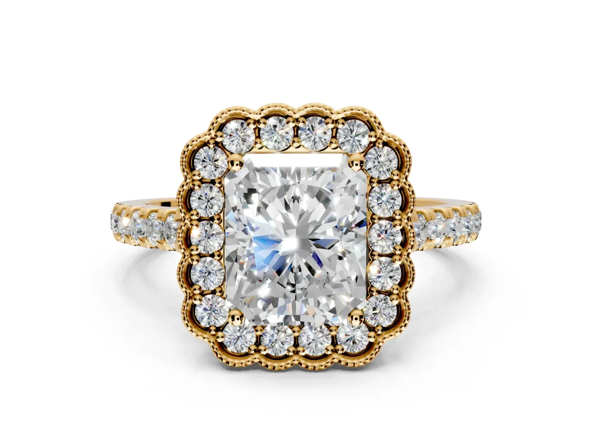 Milgrain Floral Halo Engagement Ring Setting for Radiant Cut Center with Pave Band and Prong Head in Yellow Gold