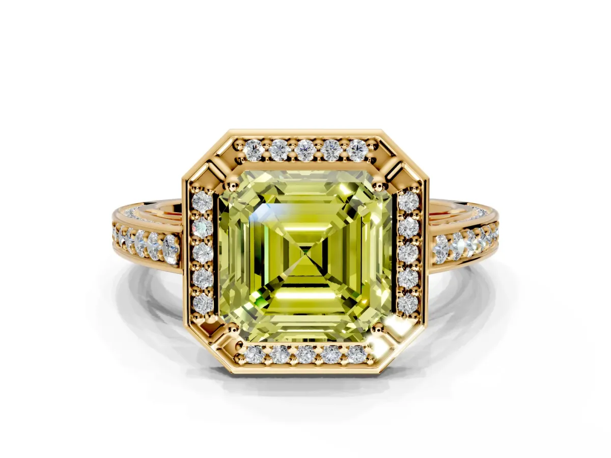 Halo Engagement Ring Setting for Fancy Yellow Asscher Cut Center with Framed Halo, Pave Band and Prong Head in Yellow Gold