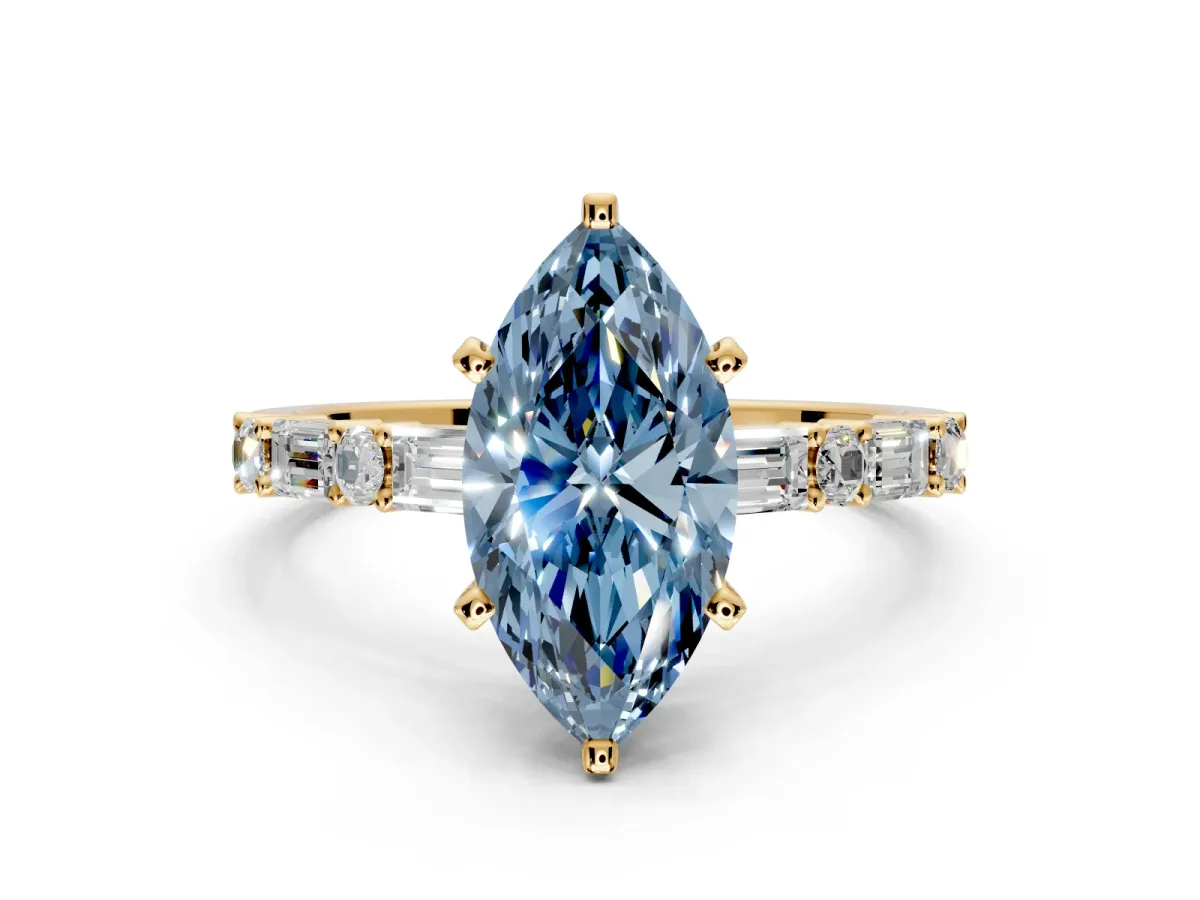 Baguette Engagement Ring Setting for Fancy Blue Marquise Center with Alternating Bar-Set Band and Prong Head in Yellow Gold