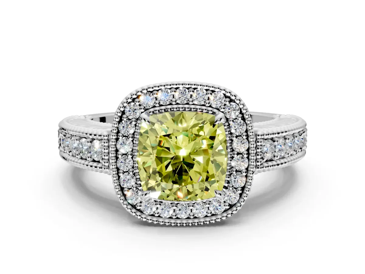 Milgrain Halo Engagement Ring Setting for Fancy Yellow Cushion Cut Center with Pave Band and Prong Head in Platinum