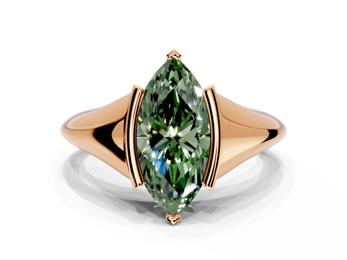Tension Engagement Ring Setting for Fancy Green Marquise Center with Wide Tapered Band and Tension Head in Rose Gold