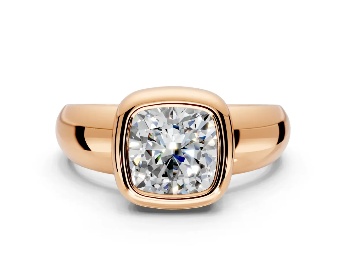 Solitaire Engagement Ring Setting for Cushion Cut Center with Wide Band and Bezel Head in Rose Gold