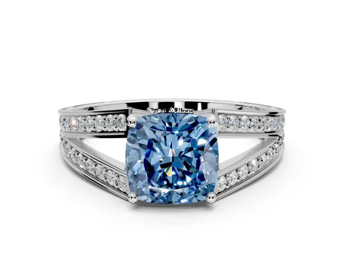 Split Shank Engagement Ring Setting for Fancy Blue Cushion Cut Center with Pave Split Shank and Prong Head in White Gold