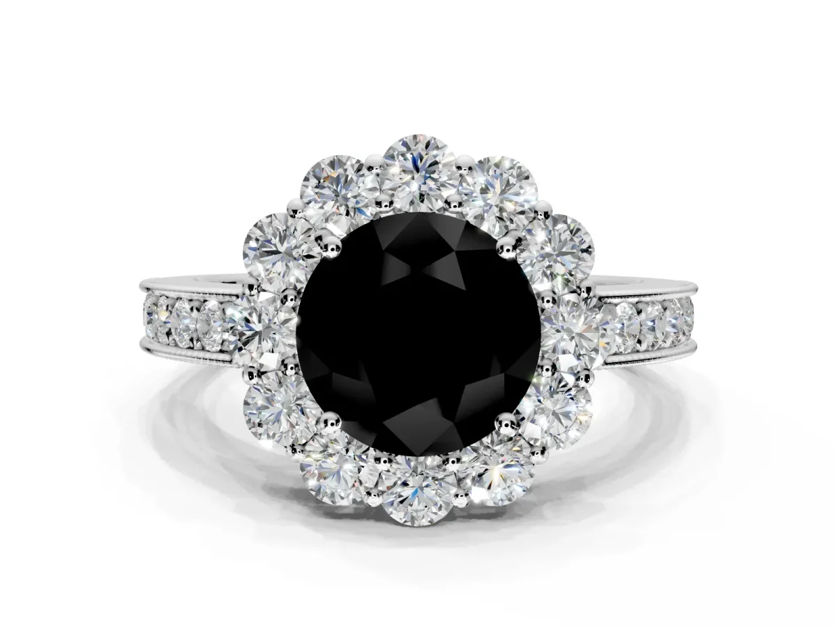Halo Engagement Ring Setting for Fancy Black Round Cut Center with Milgrain Channel Band and Prong Head in Platinum