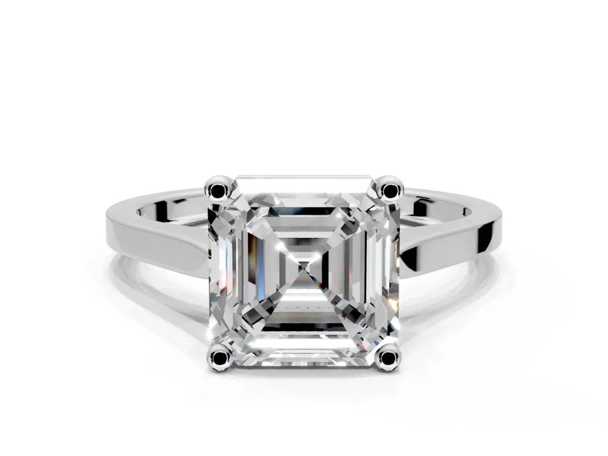 Solitaire Engagement Ring Setting for Asscher Cut Center with Tapered Shoulders and Prong Head in Sterling Silver