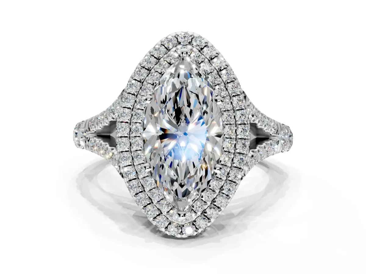 Double Halo Engagement Ring Setting for Marquise Center with Narrow Pave Split Shank and Prong Head in Platinum