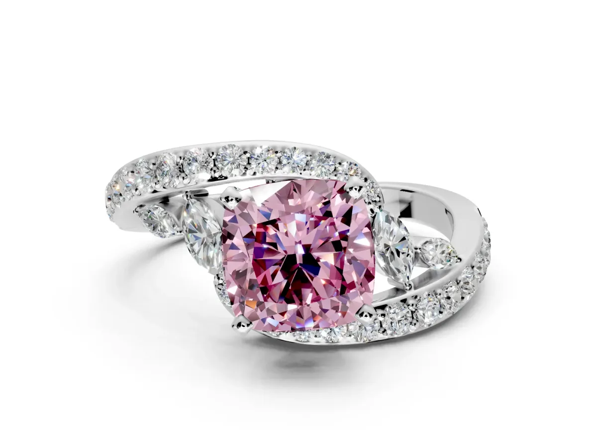 Solitaire Engagement Ring Setting for Fancy Pink Cushion Cut Center with Filigree Band and Prong Head in White Gold