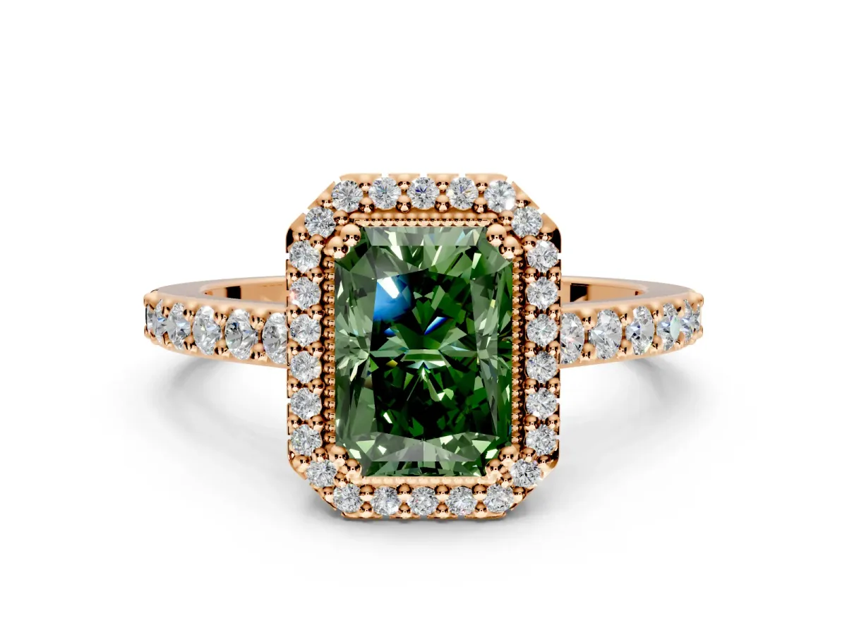 Halo Engagement Ring Setting for Fancy Green Radiant Cut Center with Inner Milgrain Border and Prong Head in Rose Gold