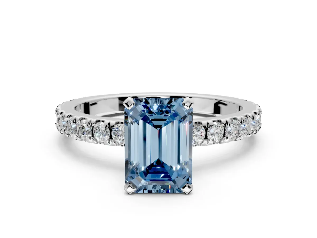 Solitaire Engagement Ring Setting for Fancy Blue Emerald Cut Center with Fine Pave Band and Claw Prong Head in Sterling Silver