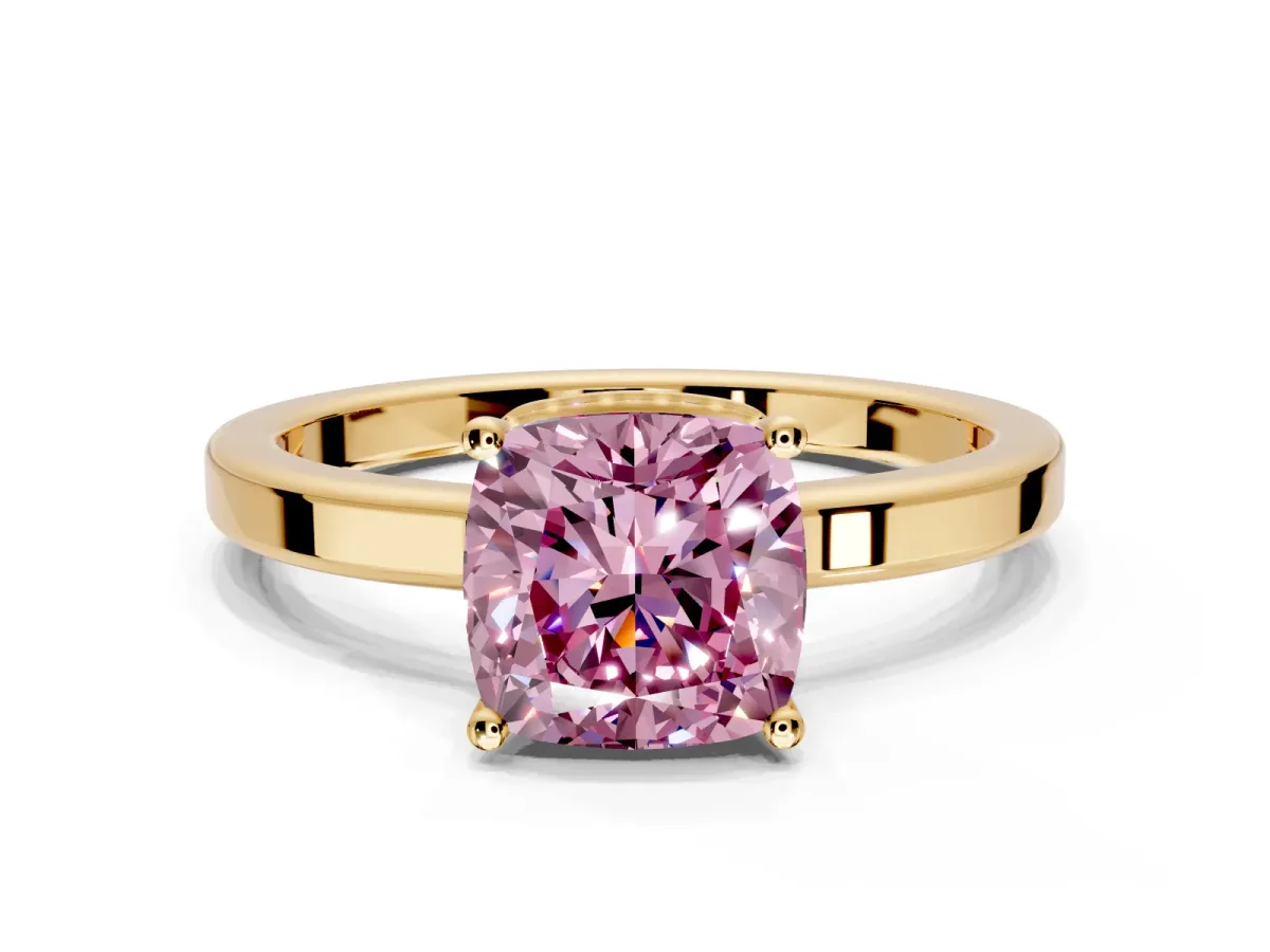 Hidden Halo Engagement Ring Setting for Fancy Pink Cushion Cut Center with Wide Flat Plain Band and Prong Head in Yellow Gold