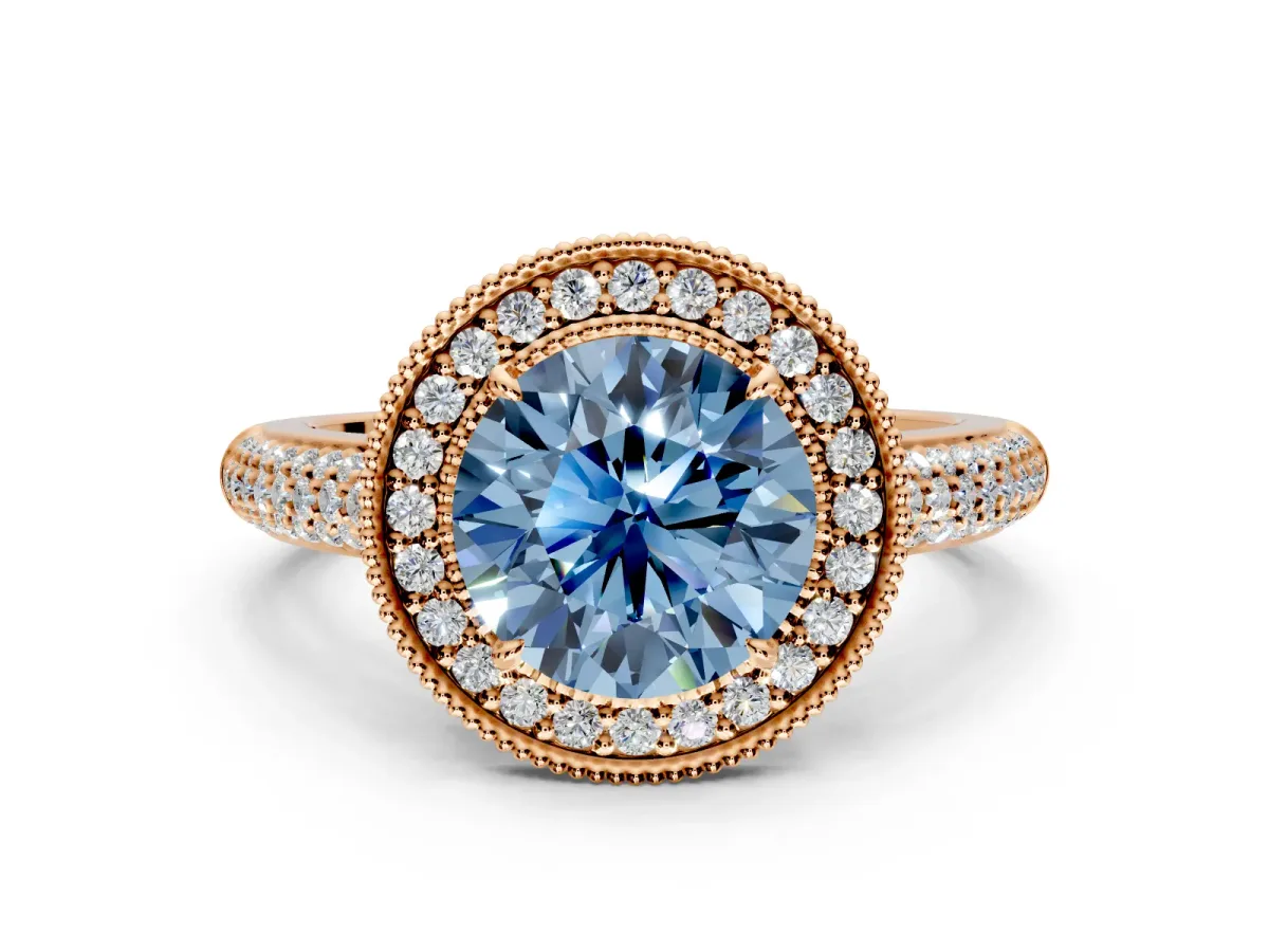 Milgrain Halo Engagement Ring Setting for Fancy Blue Round Cut Center with Three-Sided Pave Band and Prong Head in Rose Gold