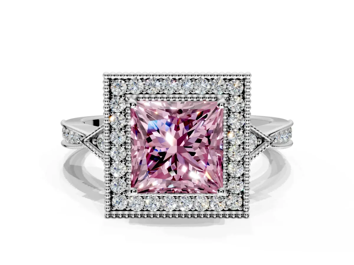 Halo Engagement Ring Setting for Fancy Pink Princess Cut Center with Milgrain Rim, Pave Band and Prong Head in White Gold
