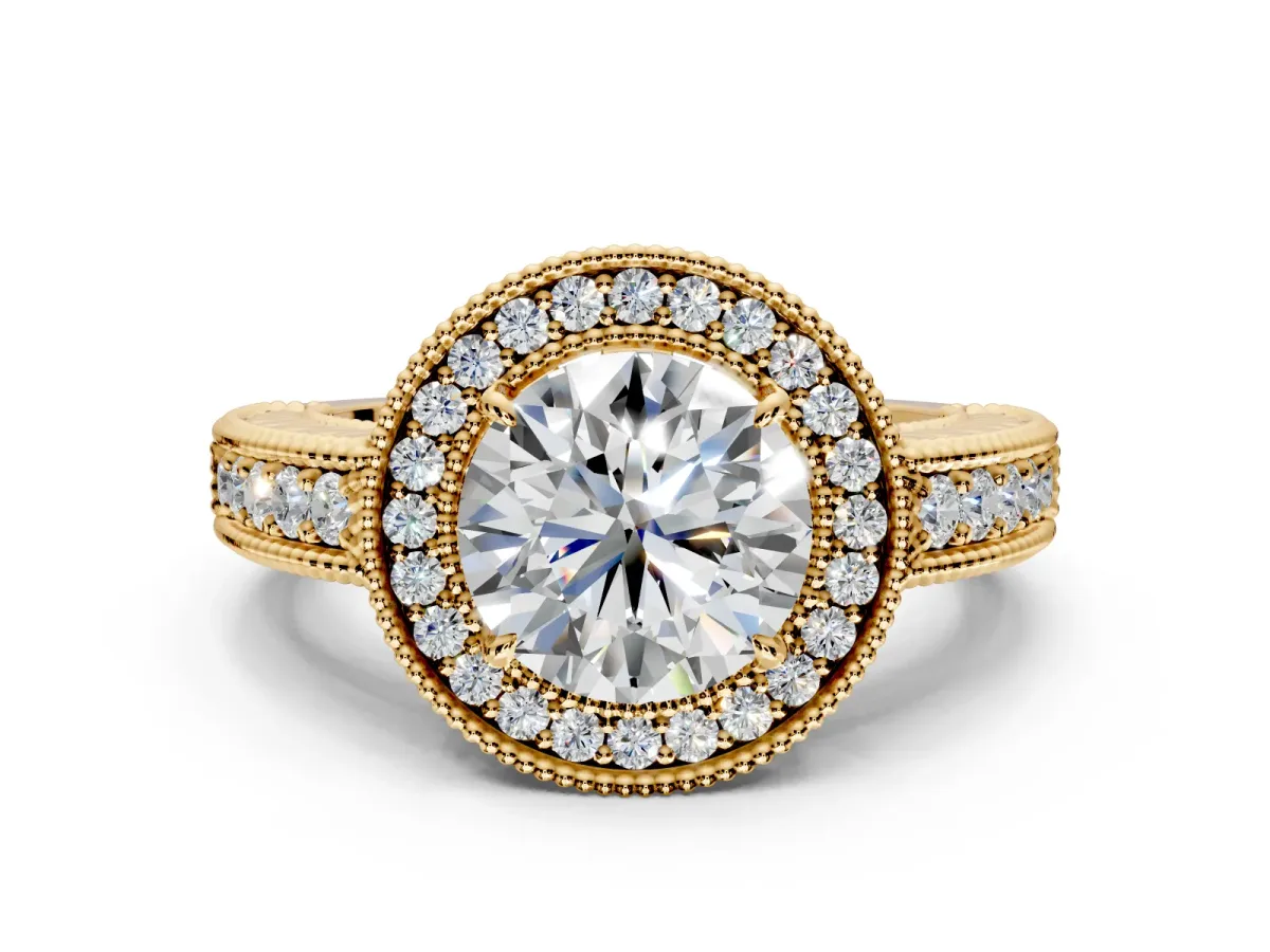 Milgrain Halo Engagement Ring Setting for Round Cut Center with Pave Band and Prong Head in Yellow Gold