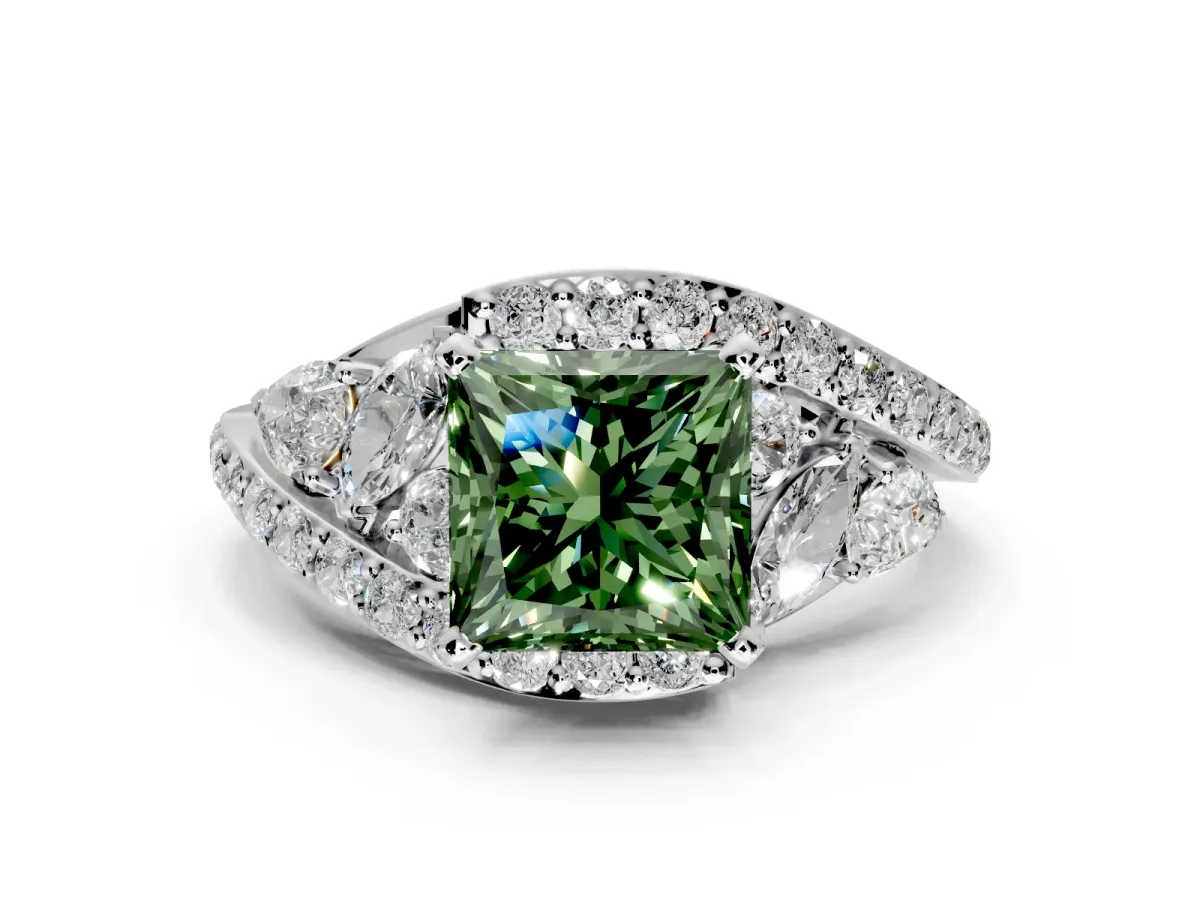 Halo Engagement Ring Setting for Fancy Green Princess Cut Center with Marquise and Pave Bypass Band and Prong Head in Platinum