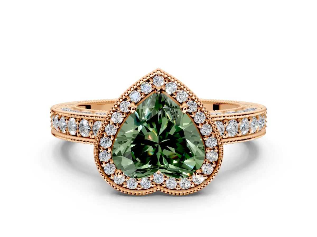 Milgrain Halo Engagement Ring Setting for Fancy Green Heart-Shaped Center with Wide Pave Band and Prong Head in Rose Gold