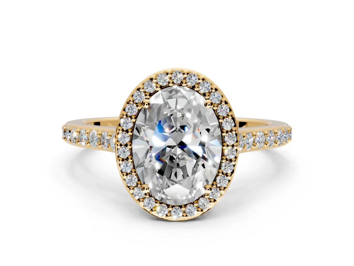 Halo Engagement Ring Setting for Oval Center with Pave Accents, Heart Basket and Prong Head in Yellow Gold