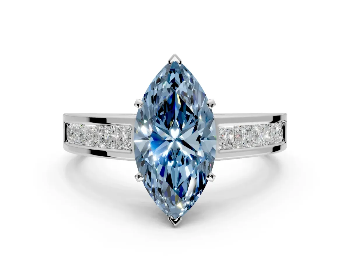 Solitaire Engagement Ring Setting for Fancy Blue Marquise Center with Princess Cut Channel Band and Prong Head in White Gold