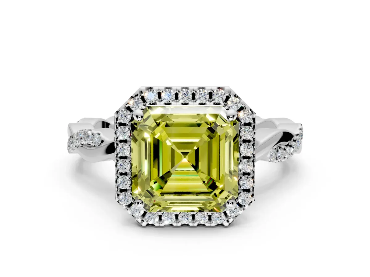 Halo Engagement Ring Setting for Fancy Yellow Asscher Cut Center with Pave and Plain Twist Band and Prong Head in White Gold