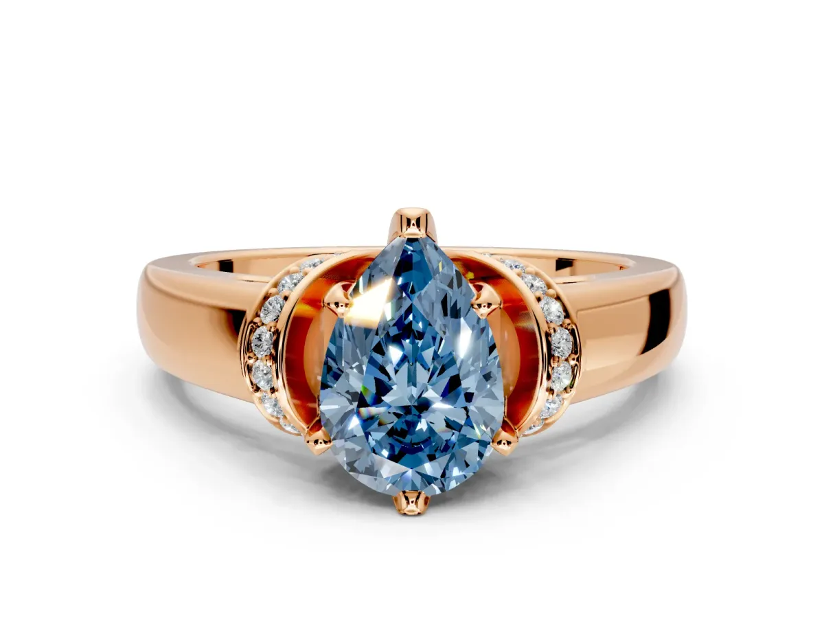 Solitaire Engagement Ring Setting for Fancy Blue Pear-Shaped Center with Wide Band, Pave Collar and Prong Head in Rose Gold