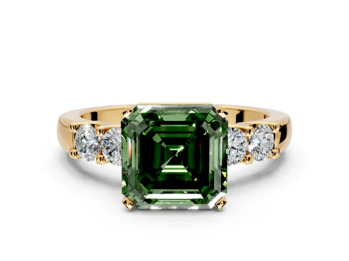 5 Stone Engagement Ring Setting for Fancy Green Asscher Cut Center with Plain Band and Prong Head in Yellow Gold