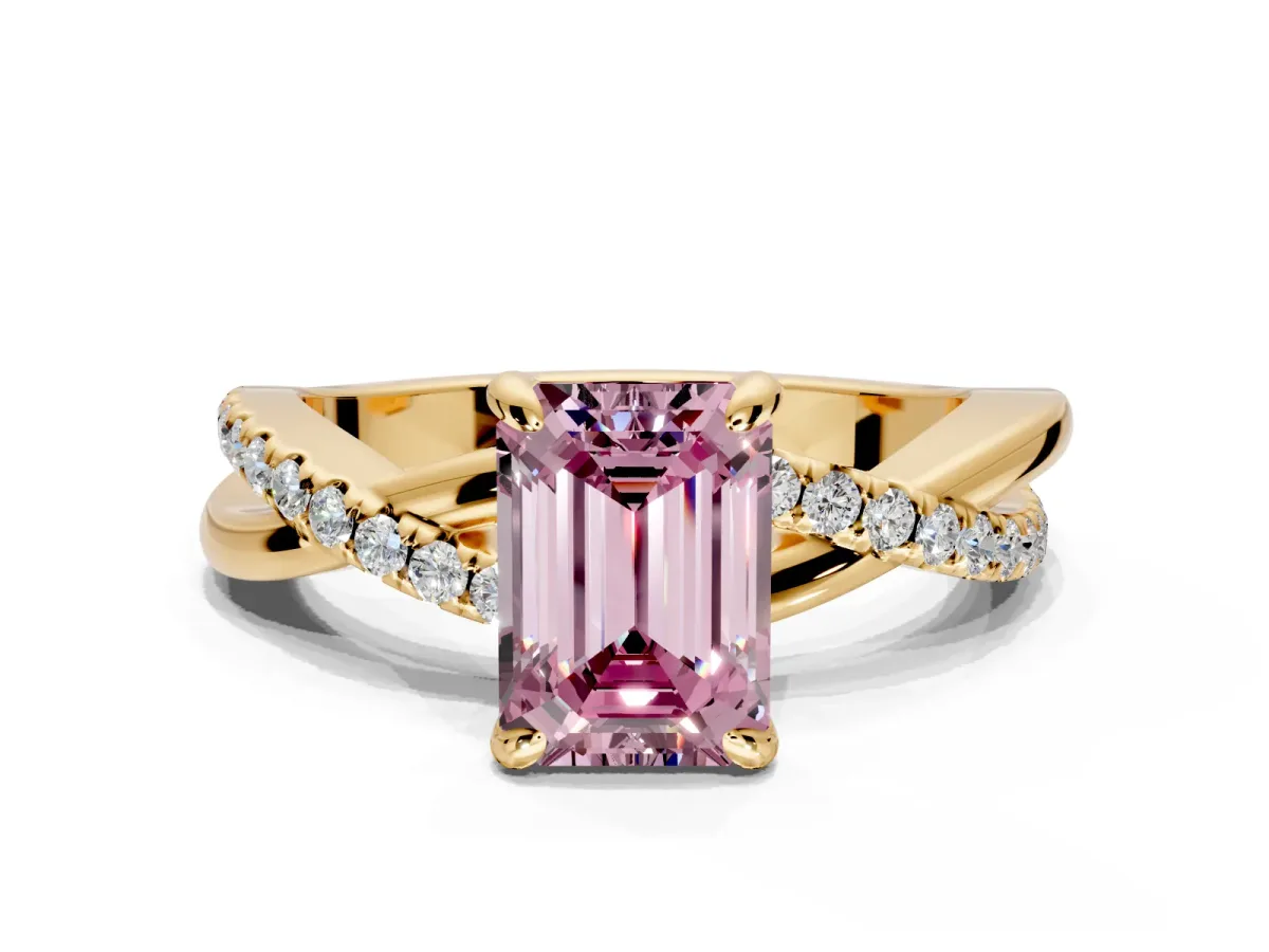 Solitaire Engagement Ring Setting for Fancy Pink Emerald Cut Center with Half-Pave Crossover Band and Prong Head in Yellow Gold