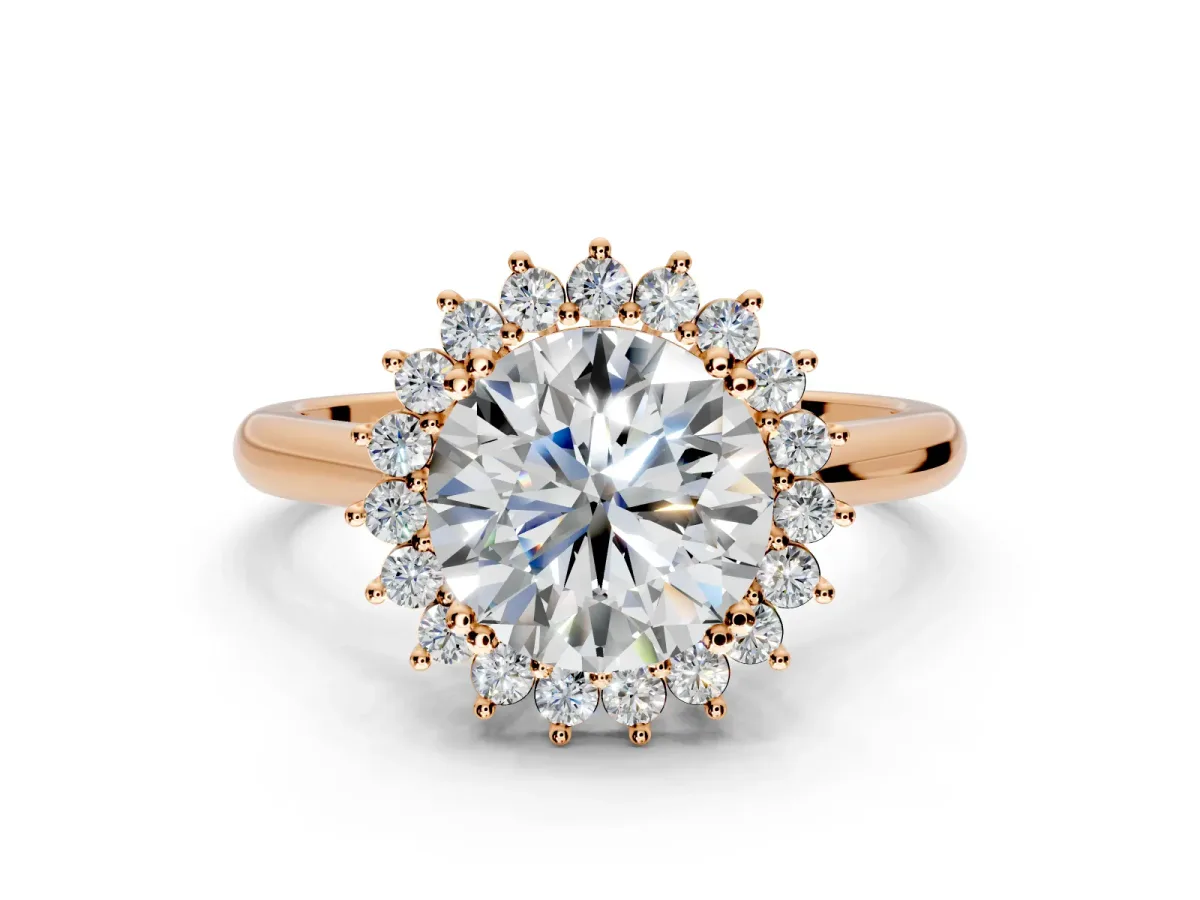 Starburst Halo Engagement Ring Setting for Round Cut Center with Thin Round-Wire Band and Prong Head in Rose Gold