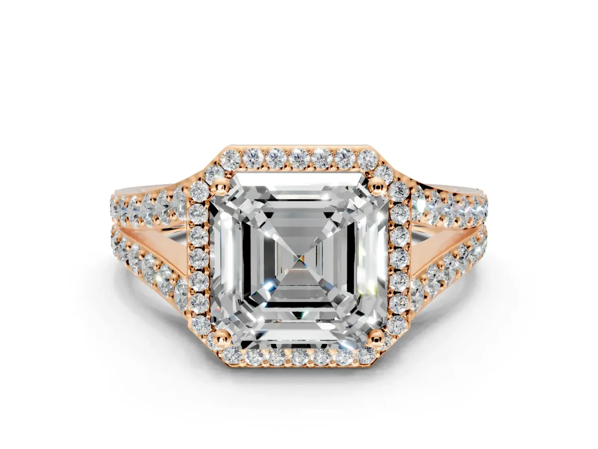 Halo Engagement Ring Setting for Asscher Cut Center with Narrow Pave Split Shank and Prong Head in Rose Gold