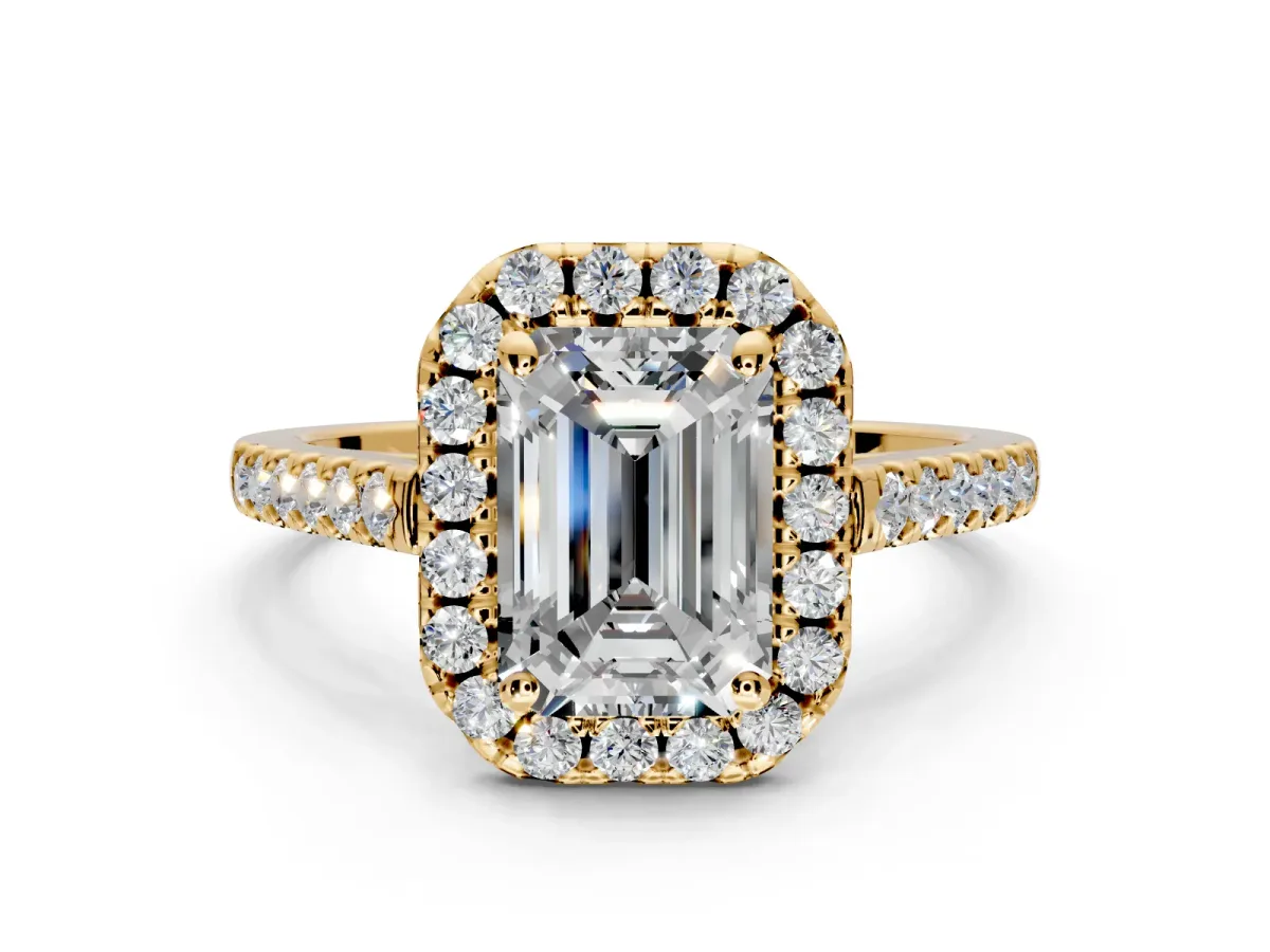 Halo Engagement Ring Setting for Emerald Cut Center with Raised Halo, Pave Band and Prong Head in Yellow Gold