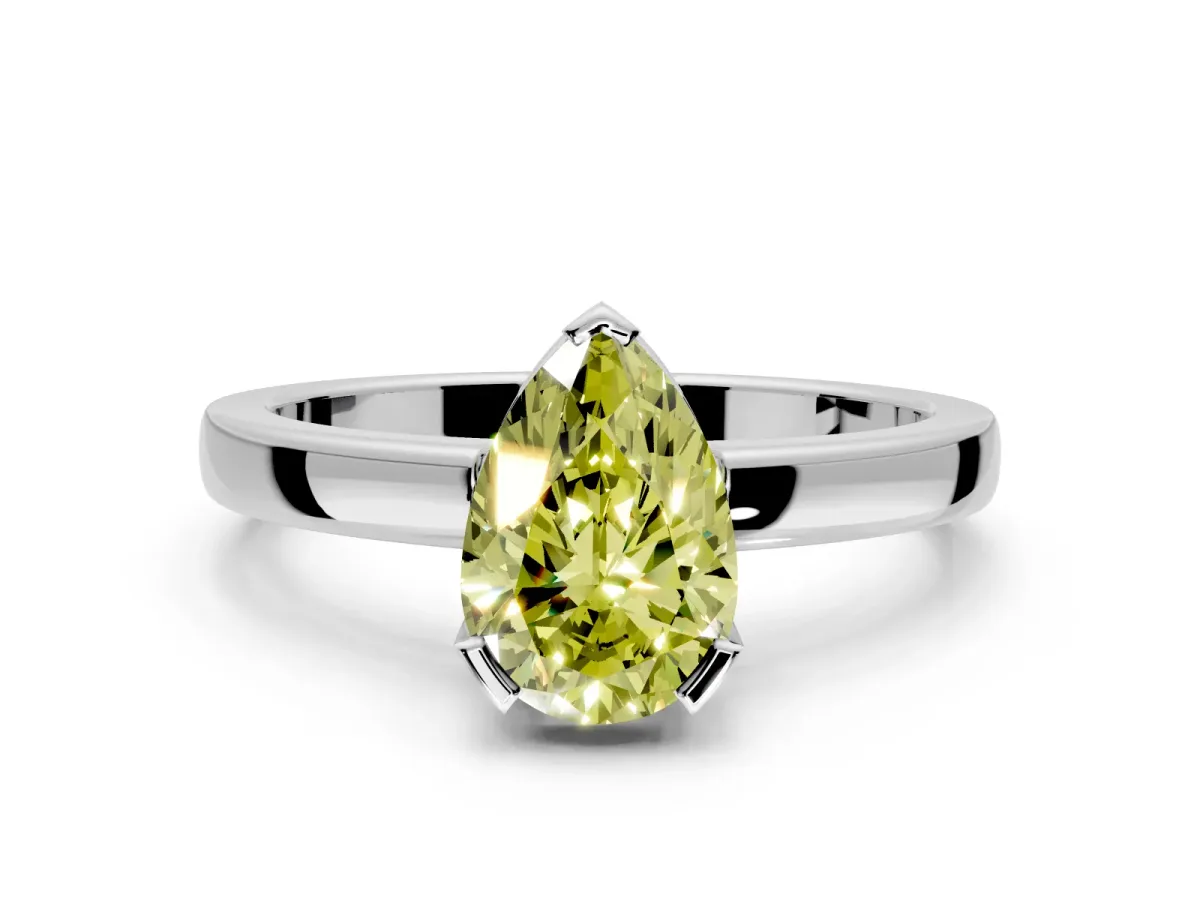 Solitaire Engagement Ring Setting for Fancy Yellow Pear-Shaped Center with Plain Band and Flat Tab Prong Head in Sterling Silver