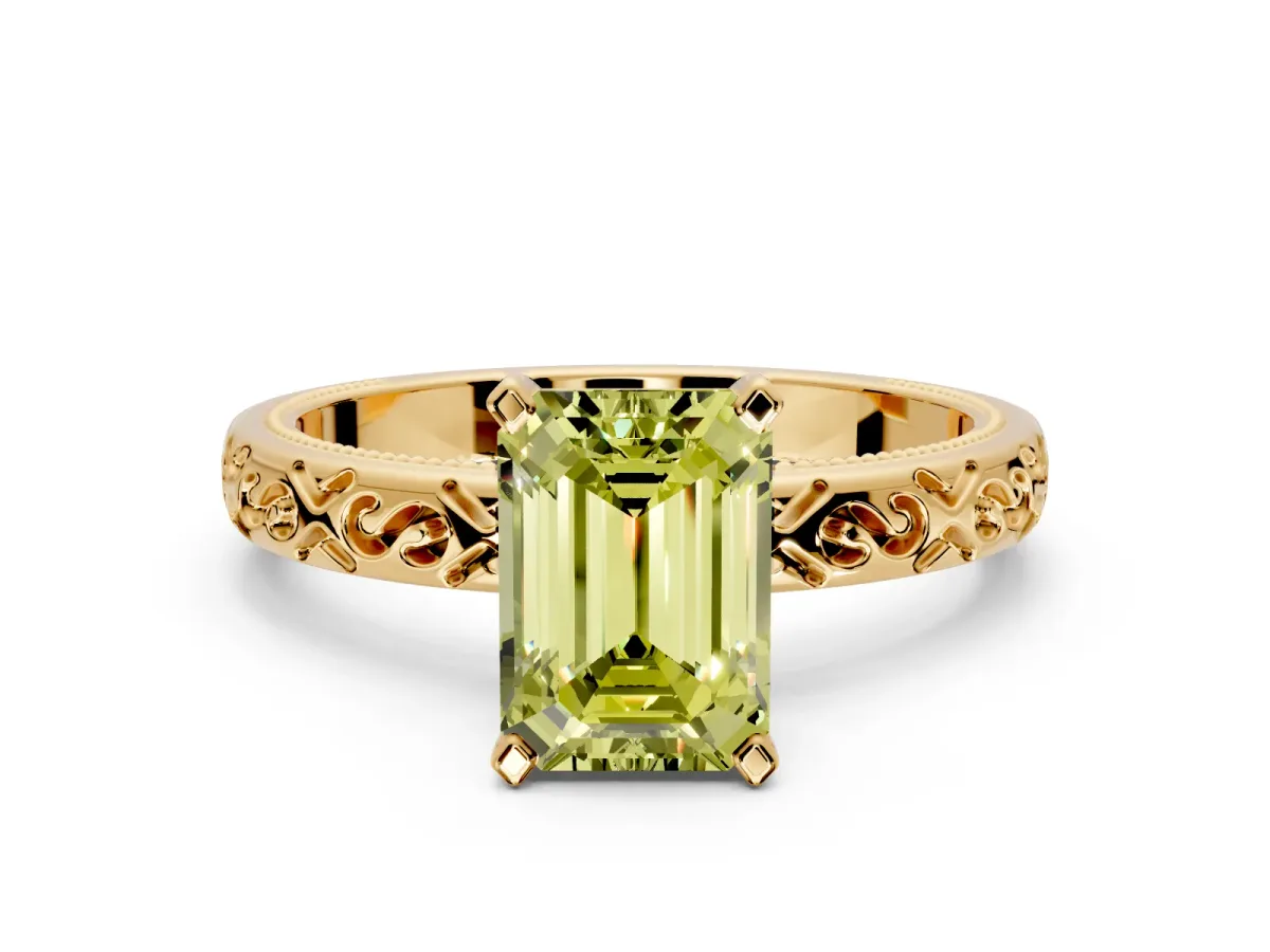 Solitaire Engagement Ring Setting for Fancy Yellow Emerald Cut Center with Scrollwork Band and Prong Head in Yellow Gold