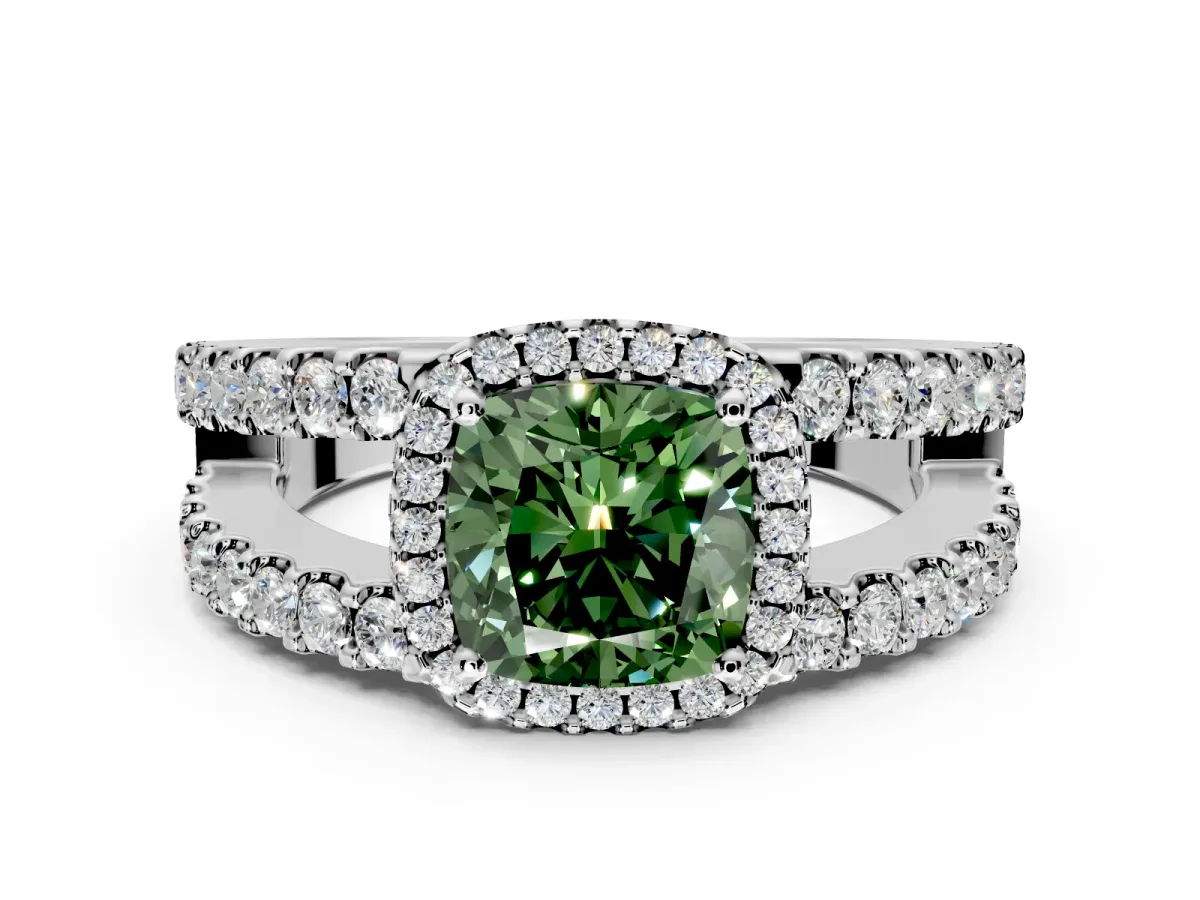 Halo Engagement Ring Setting for Fancy Green Cushion Cut Center with Wide-Open Pave Split Shank and Prong Head in Sterling Silver