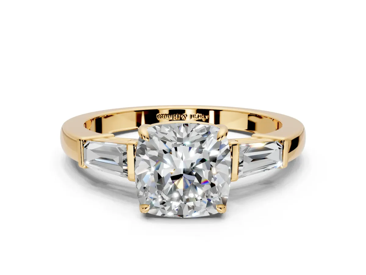 3 Stone Engagement Ring Setting for Cushion Cut Center with Baguette Accents and Prong Head in Yellow Gold