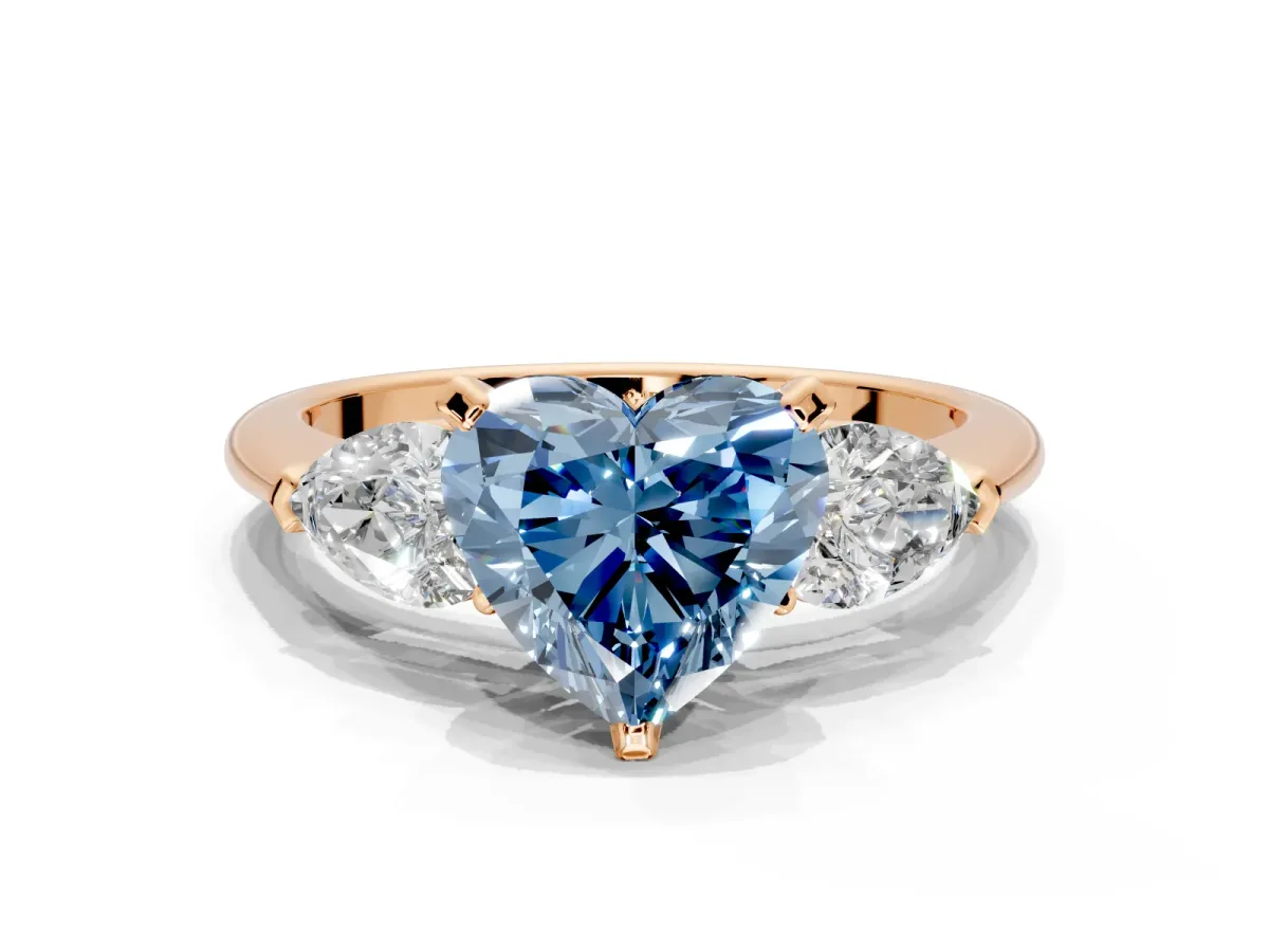 3 Stone Engagement Ring Setting for Fancy Blue Heart-Shaped Center with Large Pear-Shaped Accents and Prong Head in Rose Gold