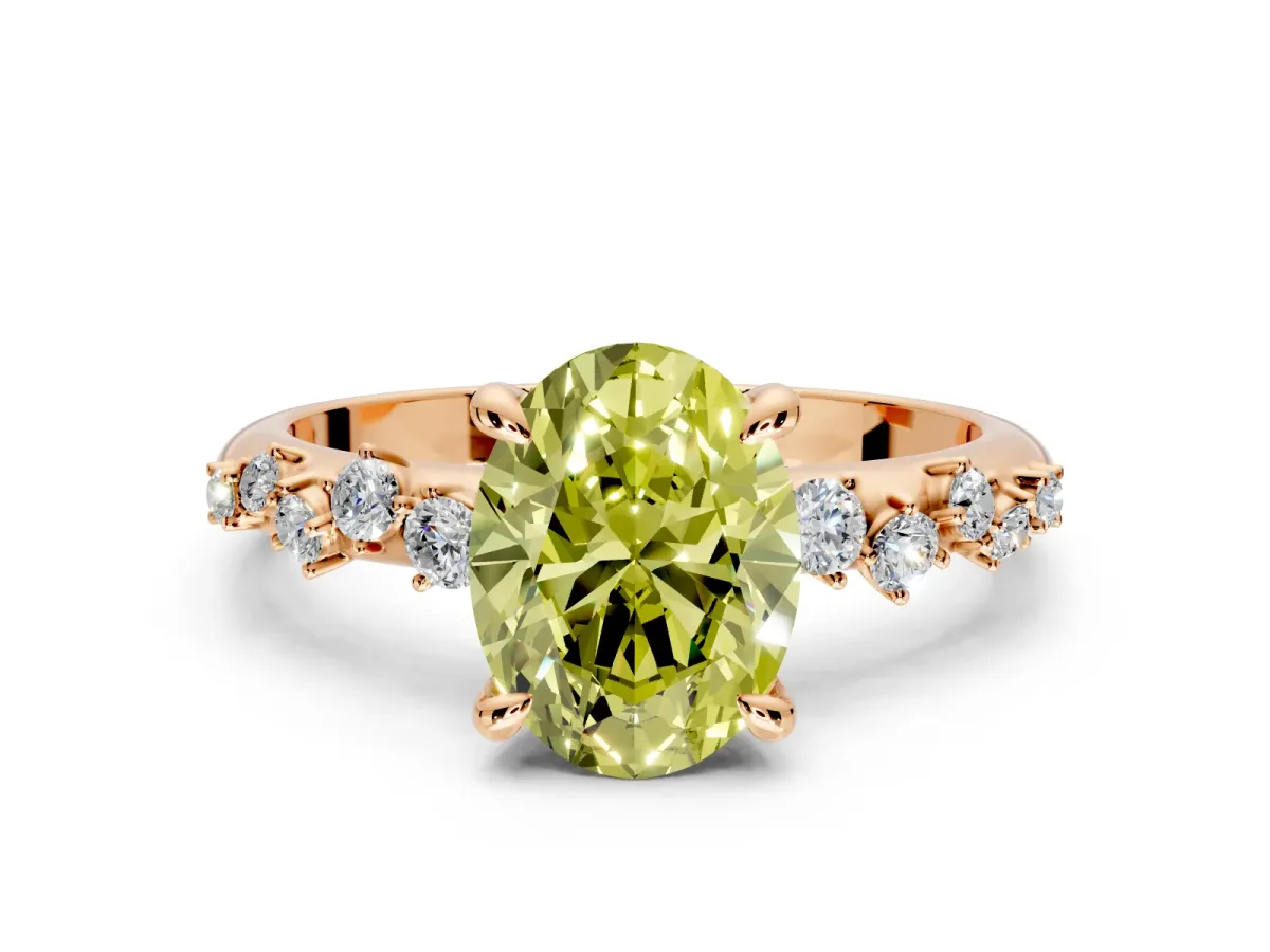 Solitaire Engagement Ring Setting for Fancy Yellow Oval Center with Trailing Leaf Accent Band and Prong Head in Rose Gold
